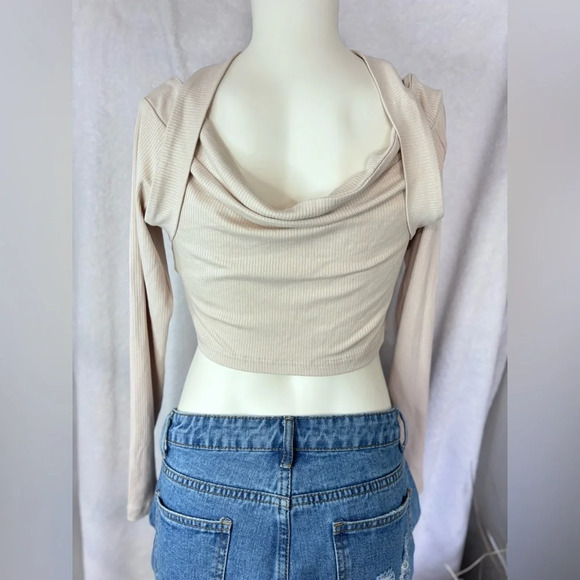 Ribbed Knit‎ Top Asymmetrical Long Sleeve Off Shoulder Crop Top - Picture 7 of 7